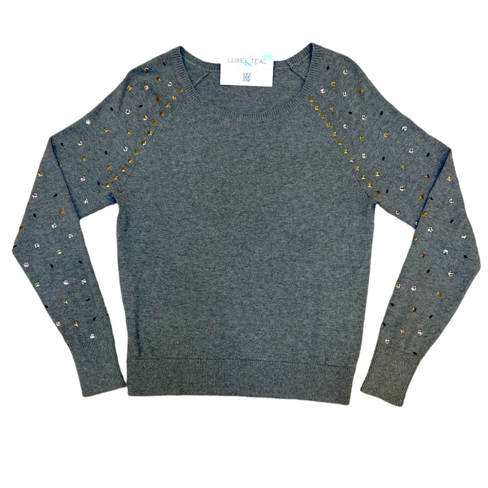 Halogen heather gray sweater with studded sleeves.